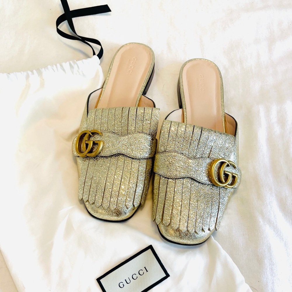 Gucci GG Marmont Gold Metallic Fringe Mule Loafers
